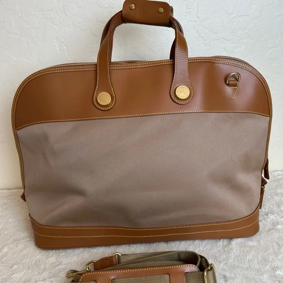 Vtg Dooney & Bourke Cabriolet Weekender Bag Tan Fabric Leather Shoulder Strap - Picture 5 of 9